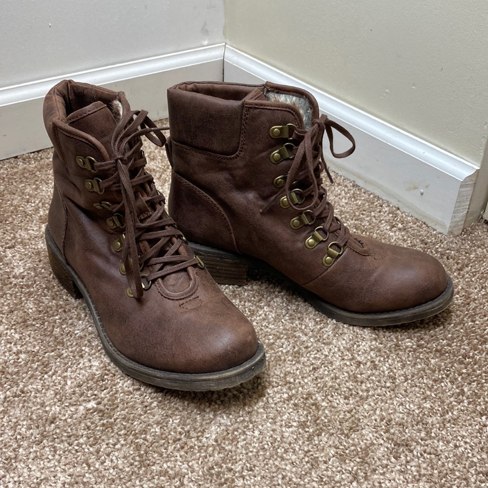 LUCKY BRAND Leather Faux Fur Daxxter SZ 8.5 Moto Combat Brown Boots